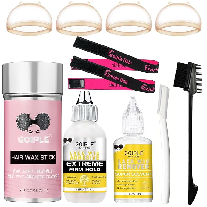 Lace Wig Glue Kit Lace Front Glue Kit for Wigs, Strong Hold Adhesive for Wigs and Hair Systems Invisible Bonding, Adhesive, Wig Remover, Hair Wax Stick, Edge Band, Razor & HD Wig Cap