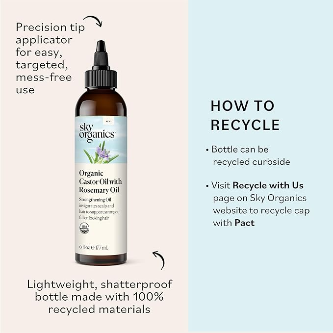 Sky Organics USDA Organic Castor Oil with Rosemary Oil, Strengthening Oil, Pure Potent Blend, Hexane Free, Invigorates Scalp, Supports Stronger, Fuller-Looking Hair, Textured Hair