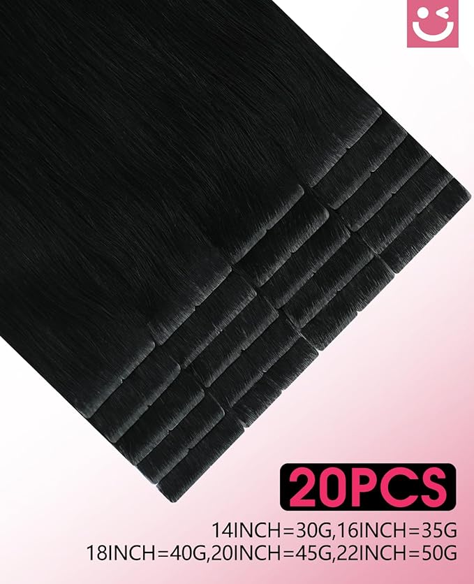 Youngsmile Injection Tape in Hair Extensions Real Human Hair, #1 Jet Black 18 Inch Invisible Edge Tape in Injected Hair Extensions, 20pcs 40g, Straight Remy Virgin Human Hair Tape ins (#1,18'')