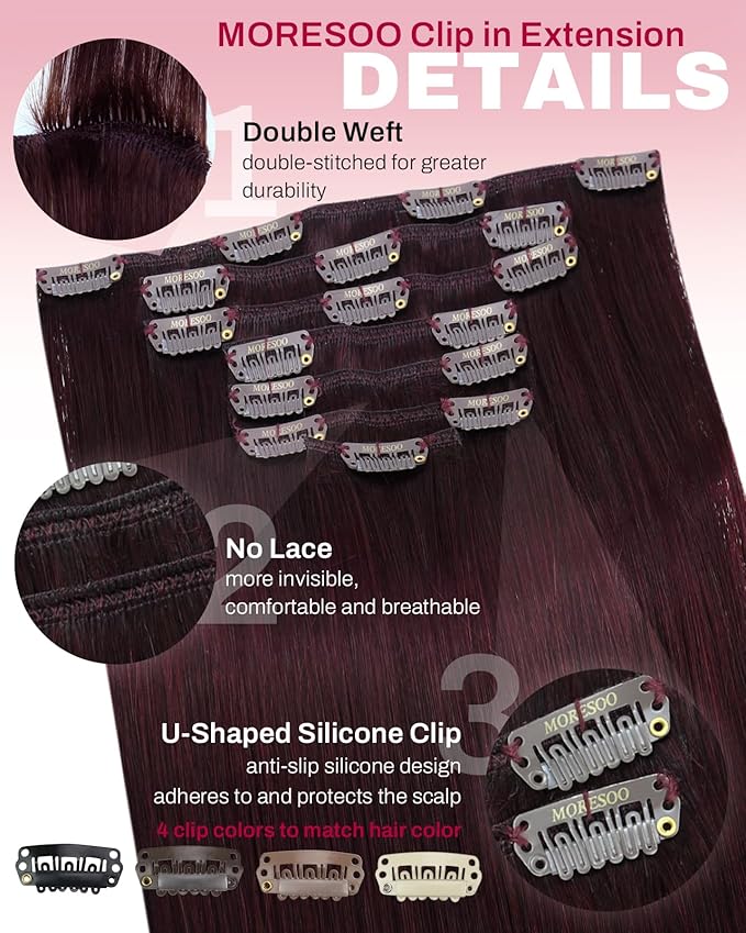 Moresoo Burgundy Clip in Hair Extensions Red Wine Real Hair Extensions Clip in Human Hair Double Weft Long Straight Wine Red #99J 7Pcs 120G 22inch