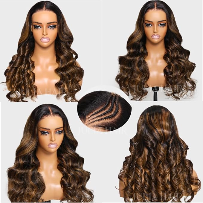 Julia Hair Bye Bye Knots Glueless Wig Highlight Balayage Brown Body Wave 7x5 Pre Cut HD Lace Front Wigs Human Hair Pre Plucked Bleached Knots Pre Everything Ready To Go Ombre Wig 22 Inch