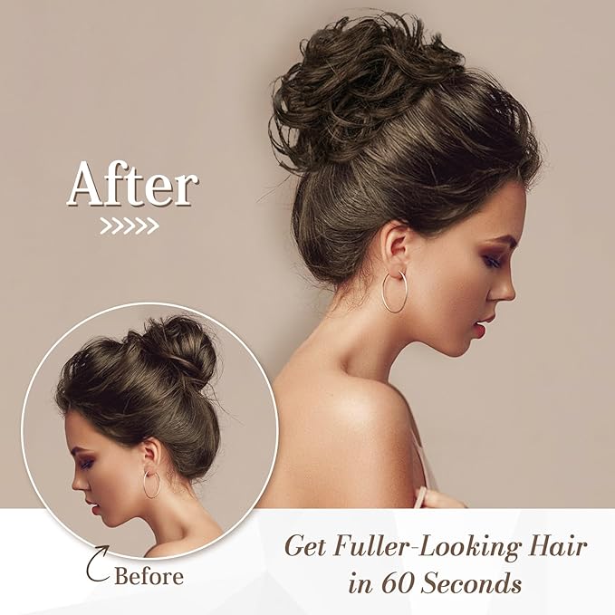 RUWISS Large Messy Bun Hair Piece 100% Human Hair Layered Wavy Curly Hair Buns Hair Piece for Women Thick Updo Hairpiece for Daily Wear Real Hair Ponytail Extension (Dark Brown with Golden Blonde)