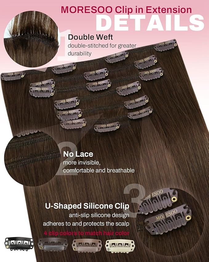 Moresoo Medium Brown Clip in Hair Extension Double Weft Real Hair Extensions Clip in Human Hair Brown Full Head Set #4 7pcs 120G 20 Inch