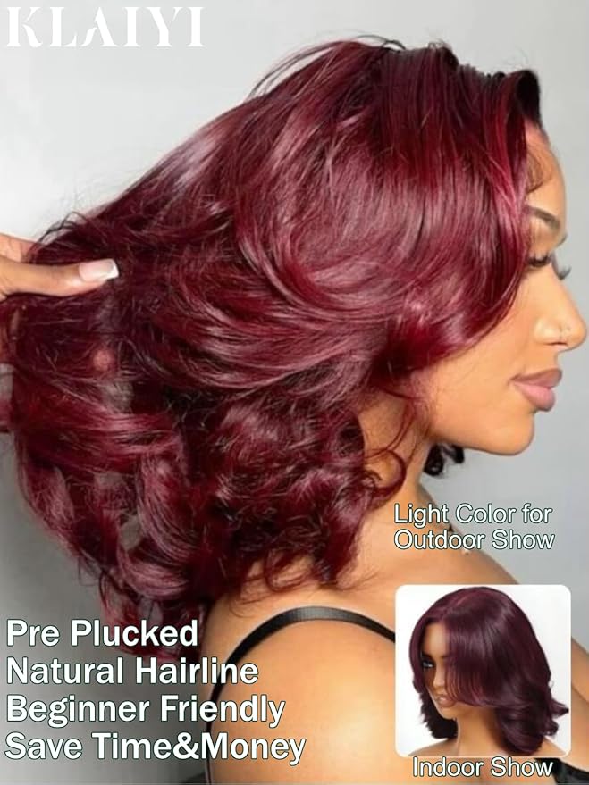 KLAIYI Black Cherry Bob Loose Body Wave Precut 7x5 HD Lace Front Wigs Human Hair Glueless Bye Bye Knots Drawstring Red Burgundy Wig with Curtian Bang Pre Plucked Bleached Ready to Put On And Go 10Inch