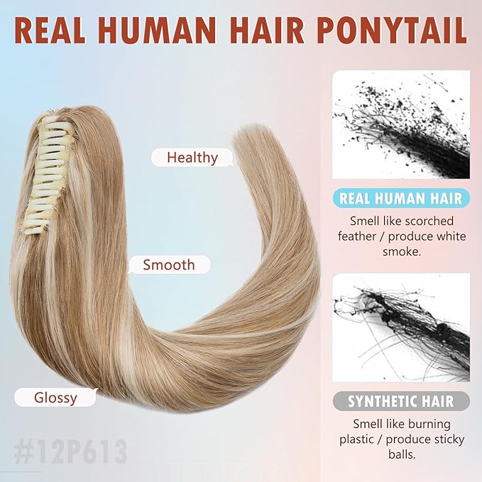 Hairro Claw Ponytail Extension Jaw On Clip On Ponytails Remy Hair Straight Balayage Two Tone Claw Clips Pony Tail Hairpiece For Women 22 Inch 120g #12P613 Golden Brown Mix Bleach Blonde