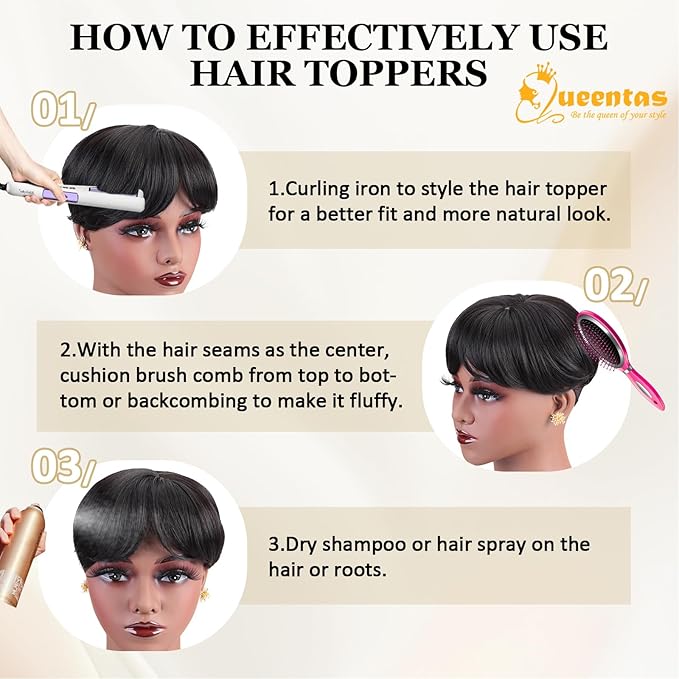 QUEENTAS Black Short Hair Toppers for Women with Thinning Hair 360°3D Cover with 5 Clips Hair Pieces Wispy Bangs 6"*6" Large Coverage Men's Toupee(Black/1B)