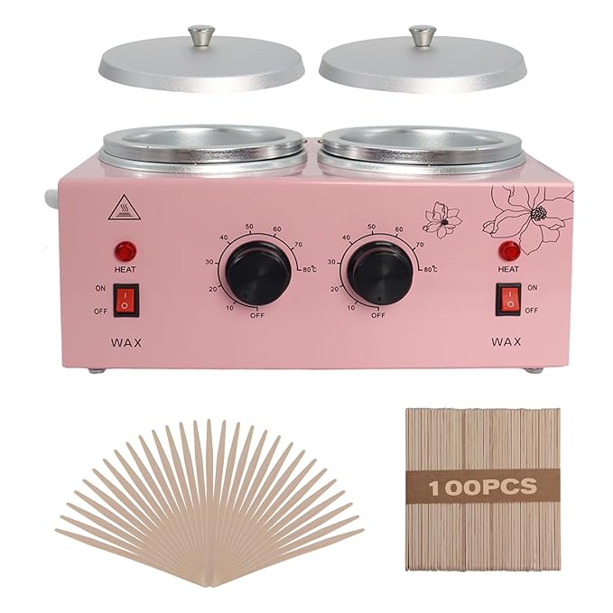 Wax Warmer Double Pot, Professional Electric Heater for Facial, Body, Spa, and Salon, 1.2L Dual Adjustable Temperature with 100 Wooden Craft Sticks, Hair Removal (Pink)