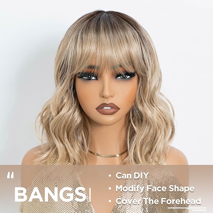 NOBLE Bob Wig Short Wigs for Women Bob Curly Wavy Hair Wigs with Bangs Heat Resistant 12 Inches Synthetic Wig for Cosplay Daily Use