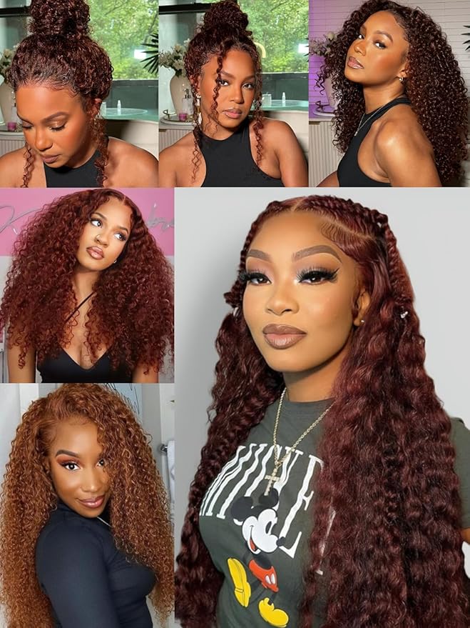 Julia Hair Reddish Brown Glueless Jerry Curly Human Hair Invisi-Drawstring Wig Auburn Pre Cut 7x5 Lace Front Wigs Pre Plucked Bleached Pre Cut Lace Closure Natural Hairline Put On and Go 24 Inch