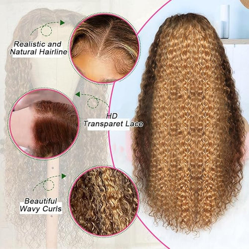 360 Honey Blonde Water Wave Wig Human Hair 4/27 Highlight Curly Wig Pre Plucked Ombre Lace Front Wig Human Hair Drawstring Wig Human Hair Drawstring Wig Human Hair Deep Wave Lace Front Wig 20 Inch