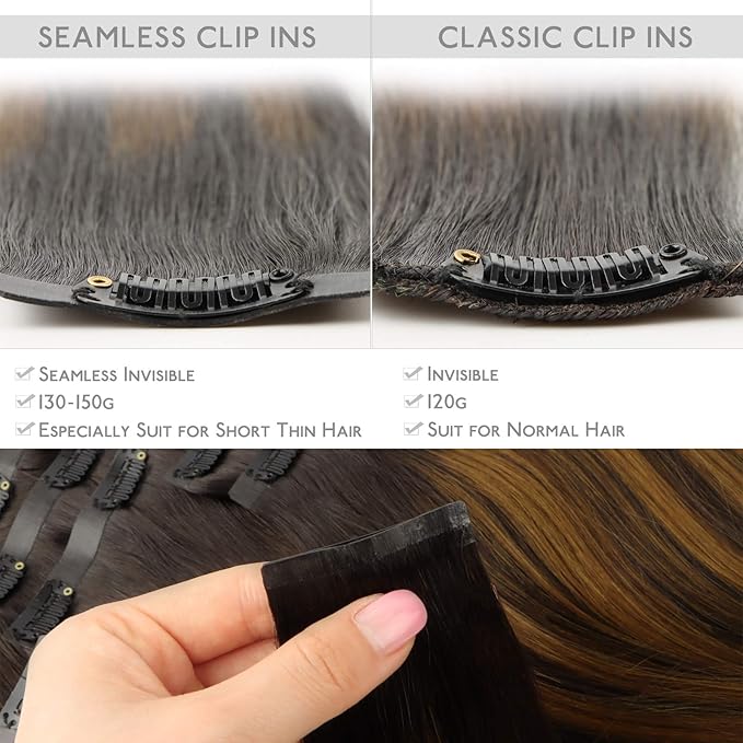 WENNALIFE Seamless Clip In Hair Extensions, 18 Inch 130g 7pcs Balayage Dark Brown to Chestnut Brown Hair Extensions Clip in Human Hair Invisible PU Skin Weft Natural Remy Human Hair Extensions