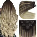 Ve Sunny Clip in Human Hair Extensions Ombre Clip on Hair Extensions Real Human Hair Extensions Clip ins Dark Brown Ombre Dark Golden Blonde Balayage Light Blonde for Women 120g 7pcs 16inch