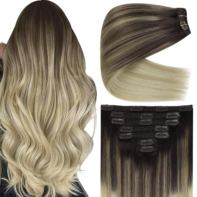 Ve Sunny Clip in Hair Extensions, Human Hair Clip in Extensions, Clip on Hair Extensions for Women, Dark Brown Ombre Golden Blonde Mix Platinum Blonde Straight Hair Extensions 7pcs 24inch 120g