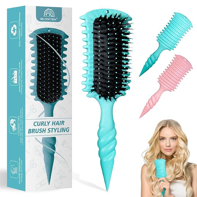 Curly Hair Brush, 5-in-1 Detangling & Curl Defining Brush for Curly Hair Wet or Dry, Shaping & Styling Brushes with Less Pulling for Women & Men (Teal)