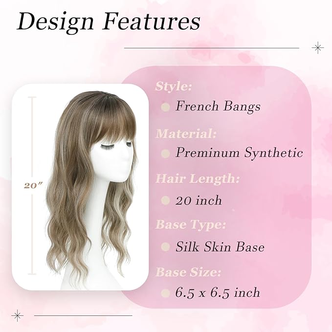 Hair Topper, 360° 3D Hair Toppers for Women with Thinning Crown, 20 Inch Long Wavy Curly Hair Pieces Clip in Bangs (Highlights Light Brown Mix Blonde with Brown Root, 20 inch, French Bangs)