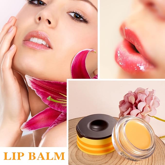 1PCS Bee Lip Balm Honey Pot,Honey Sleeping Lip Mask Bee Lip Balm with Applicator,Natural Moisturizing & Prevention Dry and Cracked Lip Scrubs Exfoliator