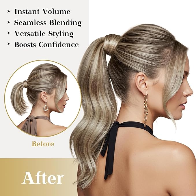 Ve Sunny Hair Extensions Ponytail Real Human Hair 80G Wrap Around Clip in Ponytail Hair Extensions Straight Extensions Human Hair for Women Light Brown Highlights Platinum Blonde 14inch