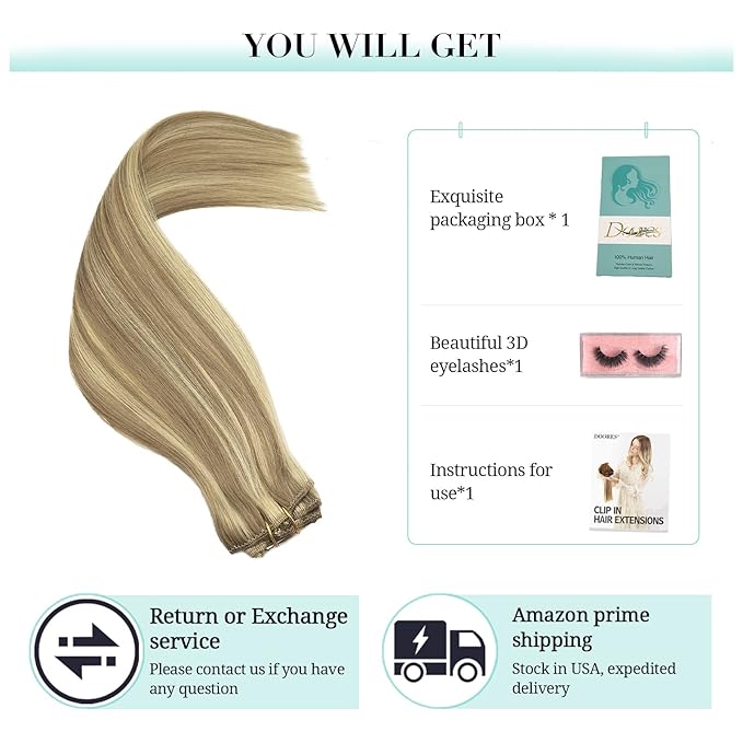 DOORES Clip in Human Hair Extensions, 22 Inch Balayage Light Blonde Highlighted Golden Blonde, 5pcs 85g Remy Straight