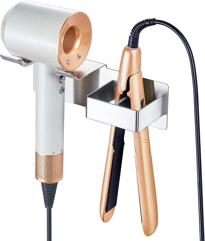 Hair Dryer Holder Wall Mounted, Hair Straightener Holder Stainless Steel, Adhesive Blow Dryer and Hair Straightener Holder, Bathroom Bedroom Hair Tool Organizer for Flat Iron,Curling Iron,Hairdryer