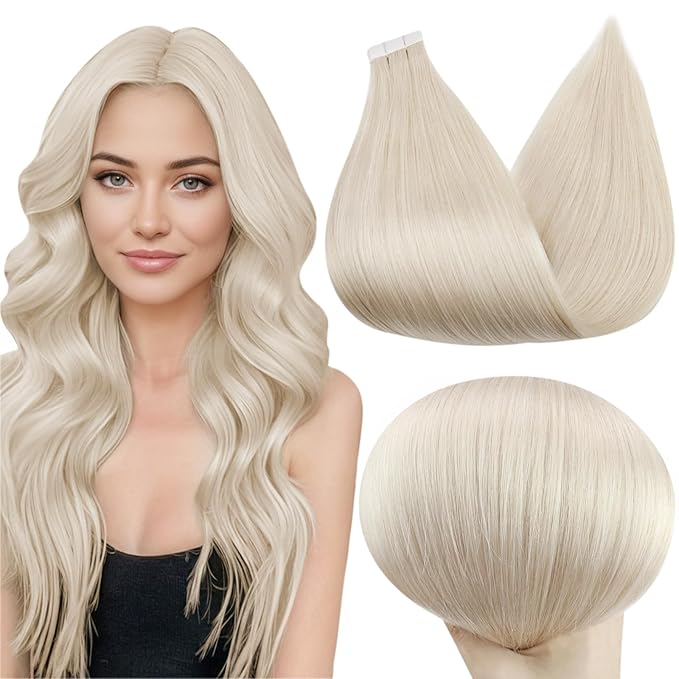 Full Shine 24 Inch Tape in Hair Extensions Human Hair Color 1000 Blonde Long Hair Tape in Extensions Add Length 40 PCS 100 Grams Seamless Hair Extensions for Wedding