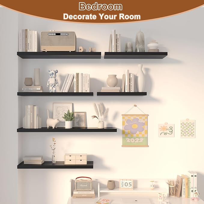 48 Inch Floating Shelf 2 Pack Large Floating Shelves for Wall No Drilling Accessories Included Deep Wall Shelves for Living Room Kitchen Farmhouse 48" W x 12" D x 1.2" Black
