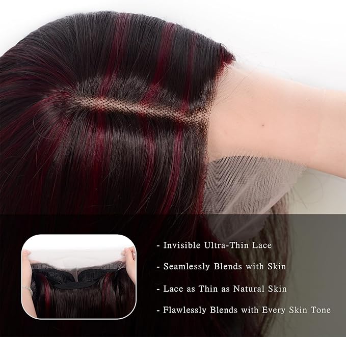 Black Mix Red Long Straight Wig for Women 26 Inches Synthetic Layered Wig Long Straight Synthetic Lace Front Wig Middle Part Synthetic Wigs for Daily Cosplay Party Use(#Black Mix Red, 26 Inch)