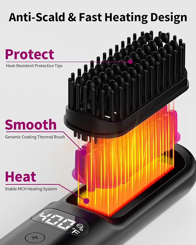 YFG Cordless Hair Straightener Brush, 10000mAh Battery, Ionic Thermal Wireless Hot Hair Brush Heat Comb (Black), Portable