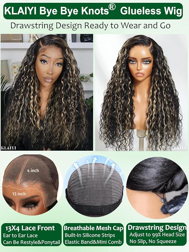 KLAIYI Ombre Highlight Blonde Water Wave Glueless Pre Everything 13x4 Lace Front Wigs Human Hair Drawstring Pre Plucked Pre Bleached Bye Bye Knots Curly Wig with Dark Roots Ready to Wear and Go 18Inch