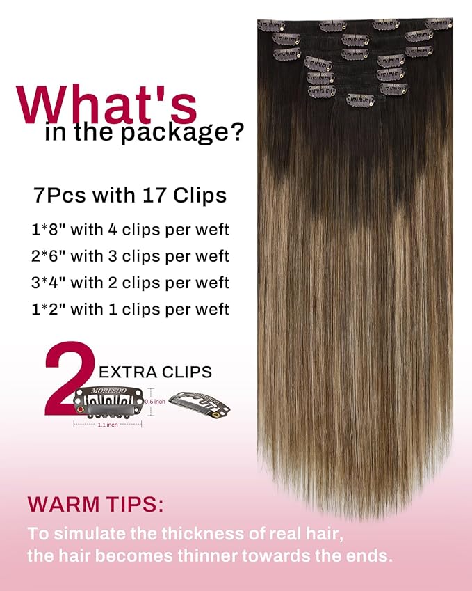 Moresoo Clip in Hair Extensions Real Human Hair Balayage Human Hair Clip in Extensions Ombre Dark Brown to Golden Brown with Dark Ash Blonde Hair Extensions for Women 7Pcs 120G 18inch