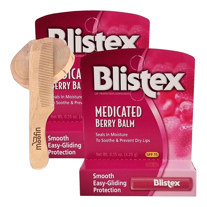 Blistex Medicated Lip Balm Medicated Lip Balm SPF15, 0.15 oz - Berry Flavor, Soothing Balm Stick Bundle with Moofin Wooden Comb - Sun Protection Medicated Lip Balm for Dry Cracked Lips, Chapped Lips