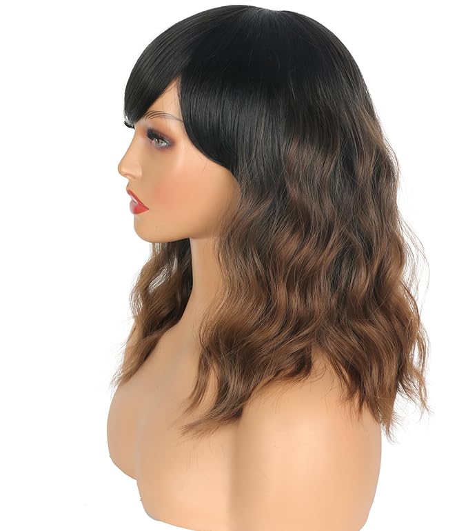 Short Wavy Wig with Bangs for Women Shoulder Length Brown Synthetic Wigs Natural Wavy Black To Brown Wigs Heat Resistant for Daily Party Use