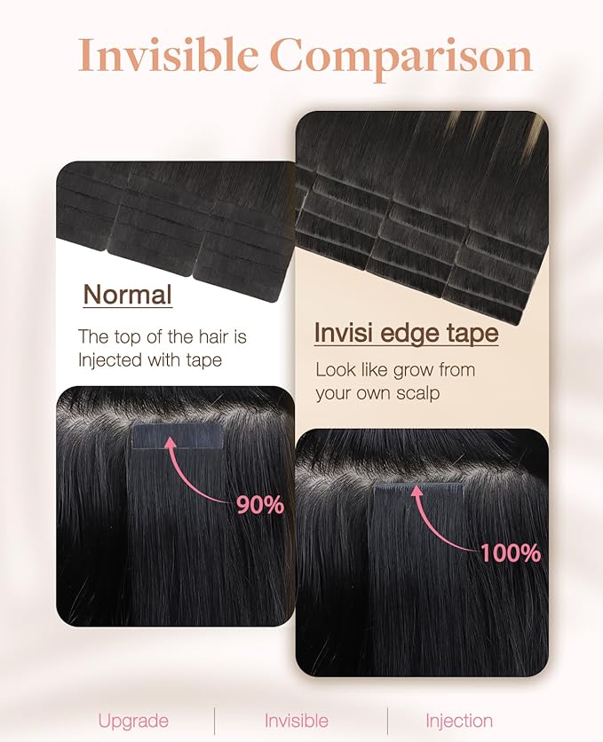 GOO GOO Invisi Edge Tape in Hair Extensions Human Hair, 1B/19/1B Natural Black to Light Blonde 10pcs injected with 10pcs classical tape ins, 16inch 50g, Virgin Remy Hair, Natural Look