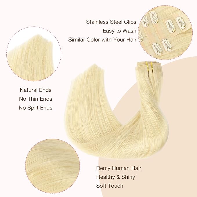 GOO GOO Clip in Hair Extensions Real Human Hair, Remy Human Hair Extensions Clip ins for Women, Natural Human Hair, 24inch 120g 7Pcs, 613R Bleach Blonde
