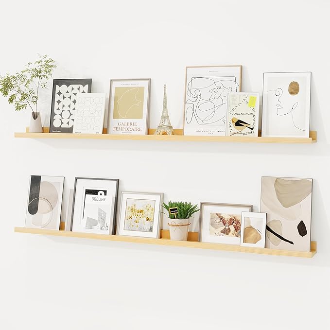 Picture Ledge Shelf, Solid Pine Wood Floating Shelves Set of 2, 48 Inches Nursery Book Shelves for Toys Storage, Kids Bookshelf Wall Mounted for Living Room Bedroom Decor Books Photo Frames, Natural