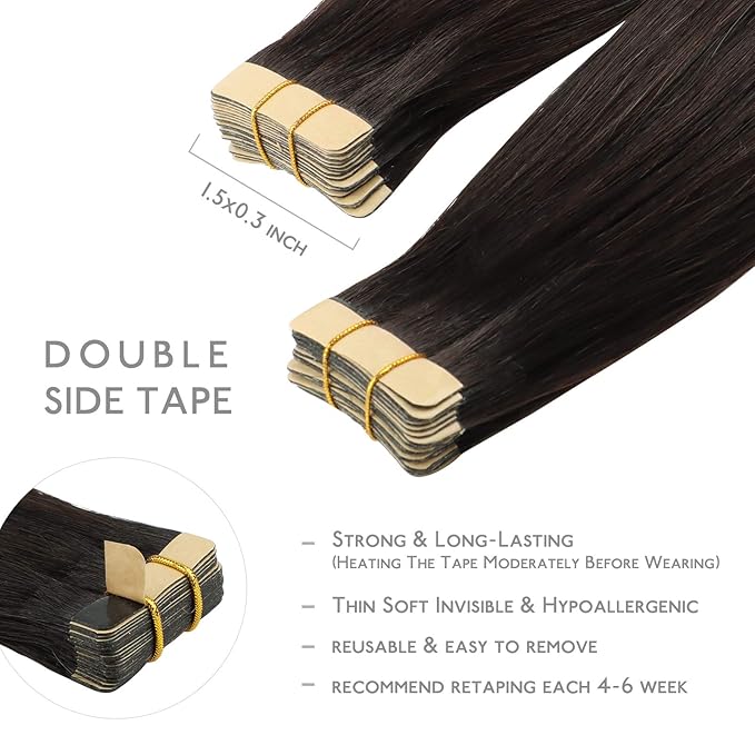 WENNALIFE Tape in Hair Extensions Human Hair, 20pcs 30g 10 inch Dark Brown Remy Hair Extensions for Women Tape Ins Straight Extensiones De Cabello Humano Skin Weft