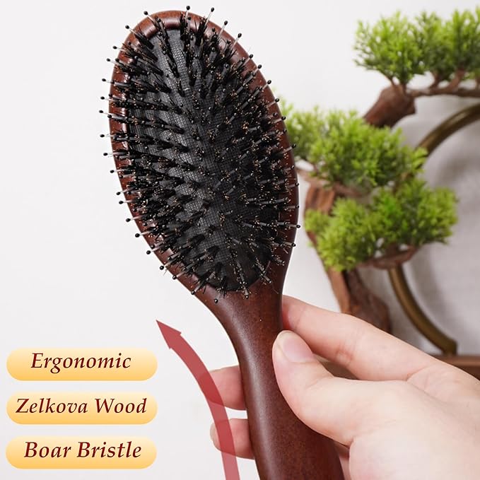 Lindale Boar Bristle Hair Brush for Women Men, Natural Black Zelkova Wooden Bristles Detangler Paddle Hairbrush for Hair Growth Beard, Reduces Static for Curly Hair with Ergonomic Handle