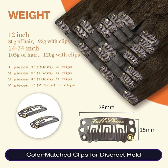 Full Shine Seamless Clip in Hair Extensions Human Hair Brown Remy Hair Extensions Clip in Darkest Brown Straight Natural Hair Extension for Women 12 Inch 8 PCS 95 G