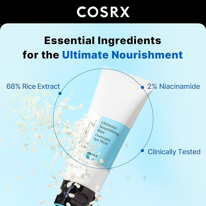COSRX Ultimate Nourishing Rice Overnight Spa Mask, 60ml / 2.02 fl.oz | Rice Extract 68% and Niacinamide 2%, Korean Skin Care, Animal Testing Free, Paraben Free
