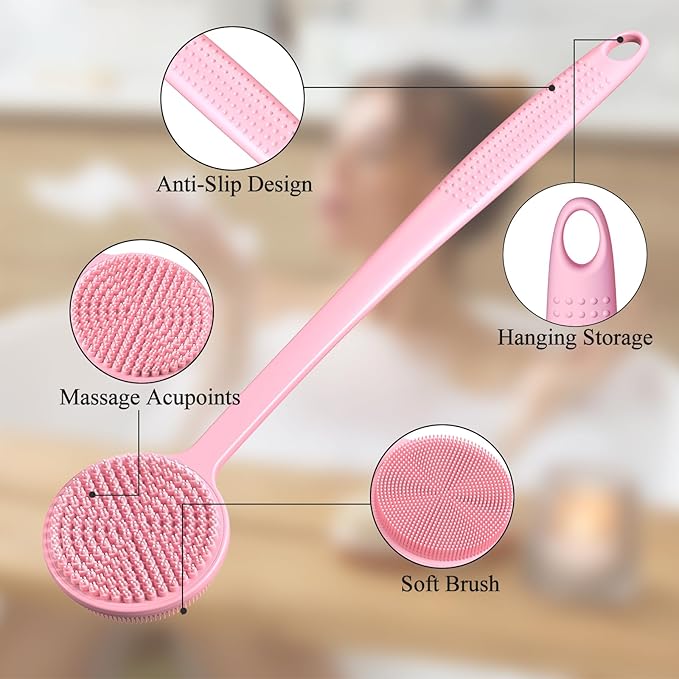 Silicone Back Scrubber for Shower, 17in Lengthen Long Handle Body Brush, Double Sided Shower Brush for Shower Exfoliating and Massage Can Produce Rich Foam, Long Handle Back Scrubber for Men