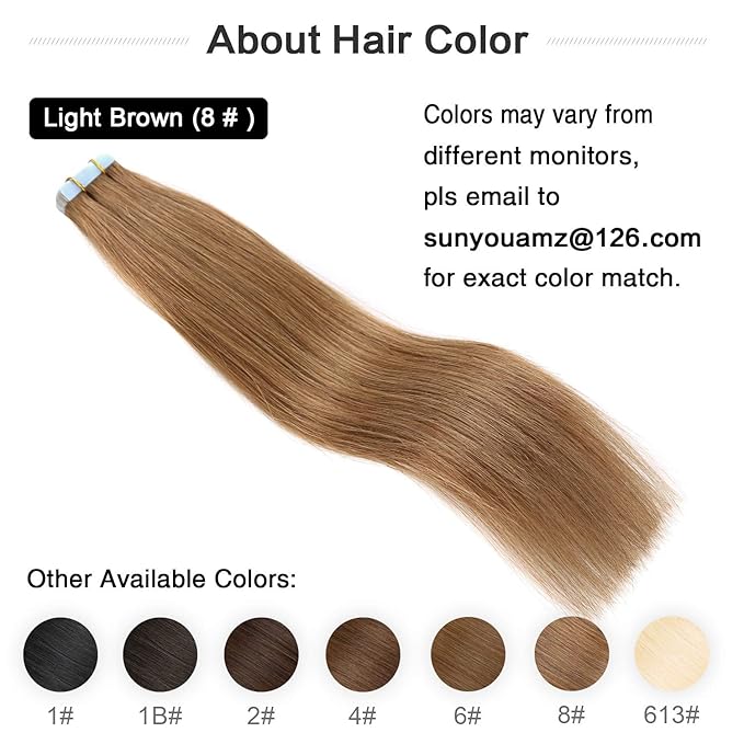SUYYA Tape in Hair Extensions Light Brown 100% Real Human Hair 12inches 20pcs 40g/pack Straight Seamless Skin Weft Tape in Remy Human Hair(12 inches #8 Light Brown)