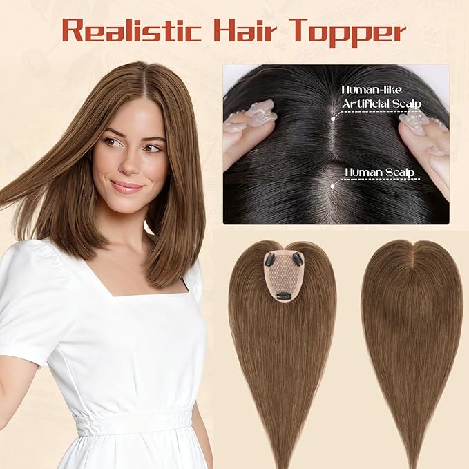 Rich Choices Human Hair Toppers for Women-100% Real Remy Hair Topper No Bang-Upgraded 150% Density 9 * 12CM Lace Base-Clip in Hairs Topper for Thinning Hairs-14Inch #4 Medium Brown