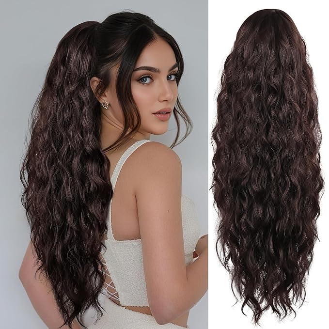 LEEONS 26 inch Drawstring ponytail Extension, Long Wavy pony tails hair extensions for Women - Synthetic Hairpiece Ponytail for Daily Use (Dark Brown)