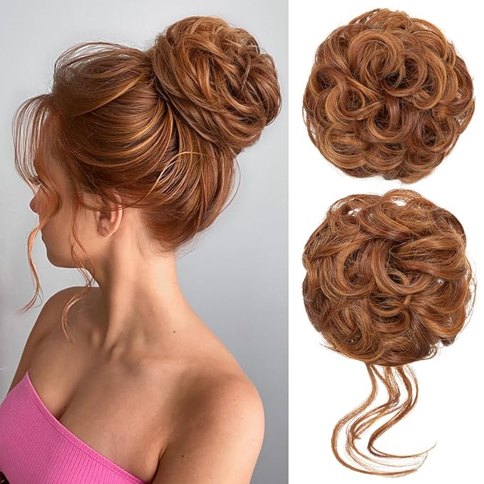 CJL HAIR 2PCS Messy Bun Hair Pieces Wavy Curly Synthetic Updo Chignon Fake Scrunchies Ponytail Extension for Women Tizian Red