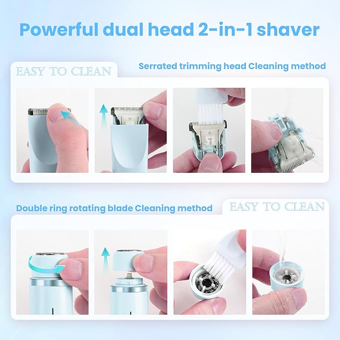 Bikini Trimmer for Women-2 in 1 Electric Razors for Women,USB Rechargeable Bikini Electric Shaver,IPX7 Waterproof Dry & Wet Use Body Hair Trimmer and Facial Hair Remover for Underarm Leg Body,Blue