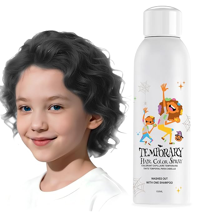 Black Temporary Hair Color Spray for Kids, Instant Colored Hair Dye Alternative for Girls Boys Teens Women Men, Disposable Washable, Quick Styling for Party Cosplay Christmas Halloween, 150ml
