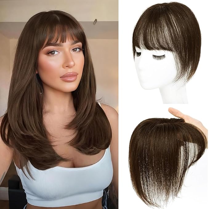 Hair Toppers for Women Real Human Hair Clip in Bangs 360° Cover Remy Human Hair Topper with Bangs for Thinning Realistic Scalp Upgrade Swiss Lace Base Hairpieces Cover Gray Hairy Roots Medium Brown