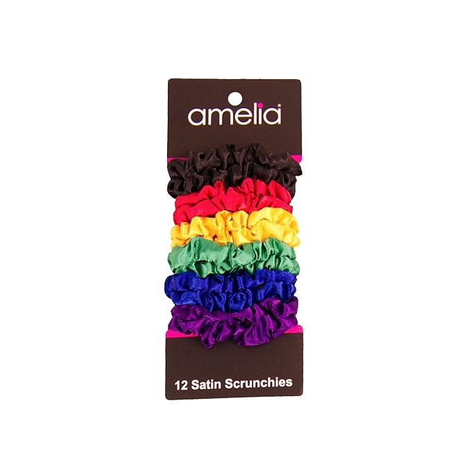 Amelia Beauty, Rainbow Mix Satin Small Scrunchies, 12-Pack – No Damage Hair Ties for Women, Gentle & Durable Hair Accessories, 2.5in x 0.5in