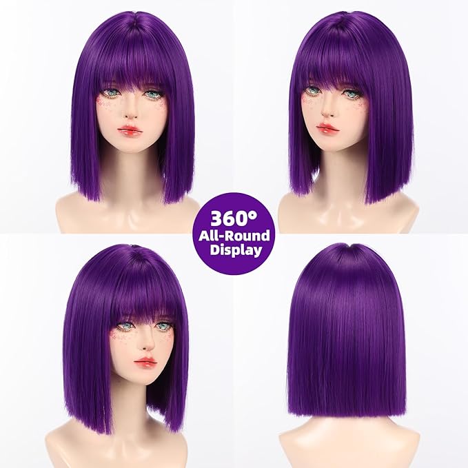 Allbell Deep Purple Wigs for Women Short Bob with Bangs Heat Resistant Synthetic Hair 12 inch for Daily Party Halloween Costume Use