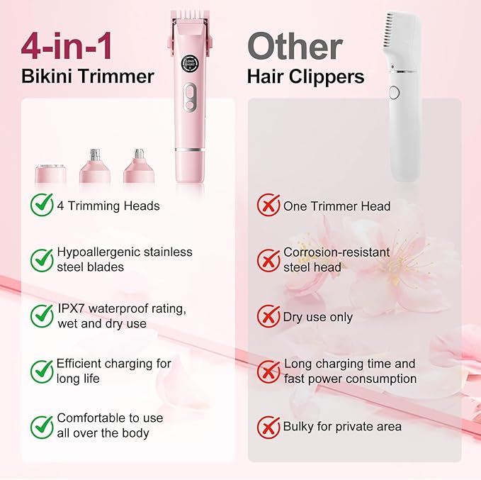 Bikini Trimmer for Women, 4 in 1 Wet/Dry Electric Razors for Women - Dual Head, Painless Rechargeable Portable Womens Razors for Shaving Set for Face, Nose, Eyebrows, Armpits, Bikini Area (Pink)