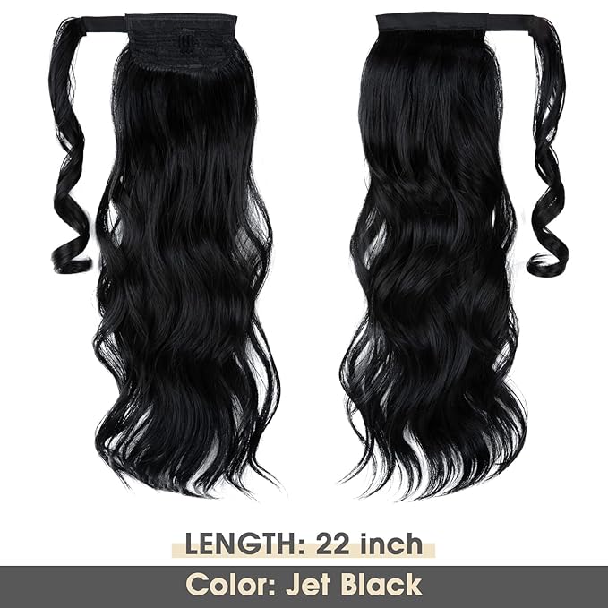 CJL HAIR 22" Long Ponytail Hair Extension Wrap Around Pony Tail Clip in Curly Wavy Synthetic Fake Hairpiece for Women Jet Black